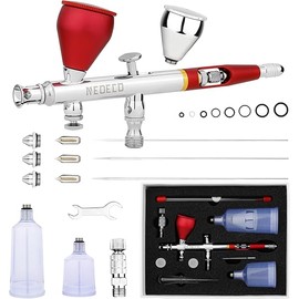 SJ83 Airbrush, Self-Centring Plug-in Nozzle，0.2, 0.3 & 0.5mm Nozzle Sets and 1/3 oz Cup, Dual-Action Gravity Feed Airbrush with 1/3 oz,2/3 oz,4/3 oz Replacement Cups (RED)