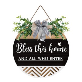 Bless This Home and All Who Enter Wooden Front Door Sign Decoration Hanging Christian Home Porch Wall Decor Welcome Porch Wall Sign with Bow-Knot Wreath Gift for Kitchen Entryway Porch Front Door