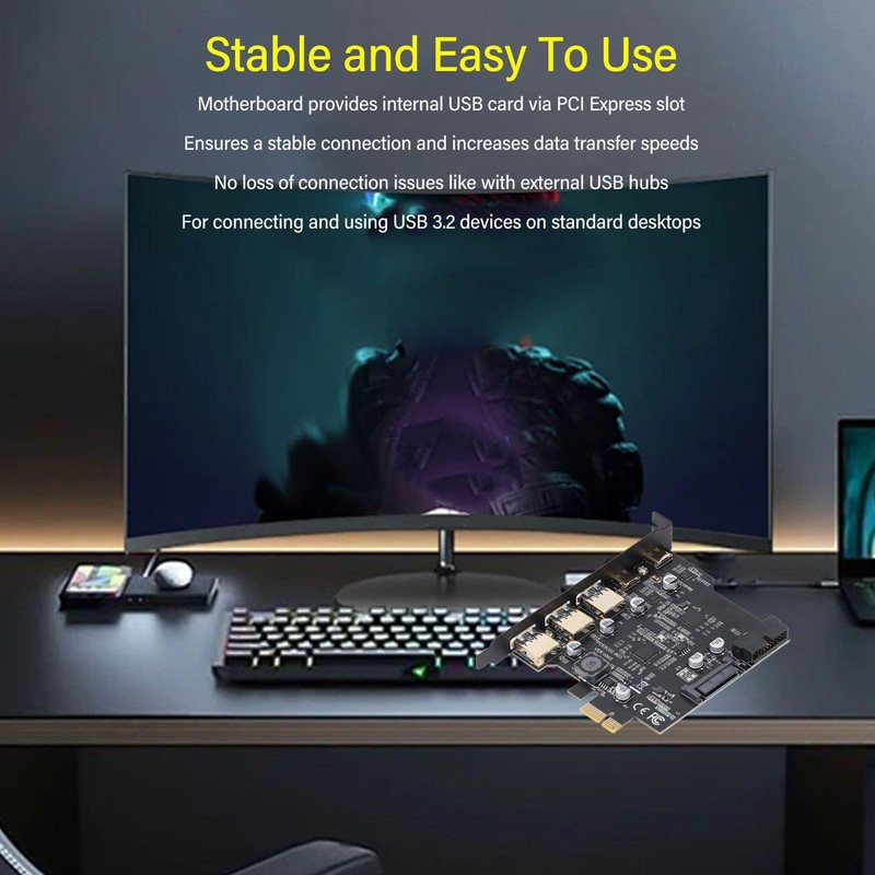 PCIe to USB 3.2 Gen 2 Adapter Card, 20Gbps 3xUSB