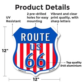 Route Us 66 12 inch X 12 inch Shield-Shaped Rust-Free Aluminum Metal Sign Weather Resistant, UV Protected for Workplace Made in the USA