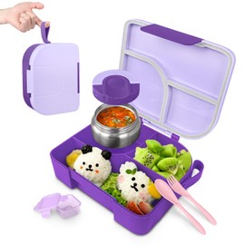 TinyPalsa Kids Bento Lunch Box, Kids Leakproof Lunch Food Containers, Kids Insulated Hot Food Jar with Lunch Bag for School, Trvael(Purple)