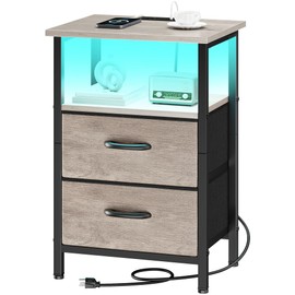 Vagusicc Nightstand with Charging Station, LED Night Stand with 2 Fabric Drawers, Bedside Table with Storage Shelf, 24.2" Tall Bed Side Table with USB Ports and Outlets for Bedroom, Greige