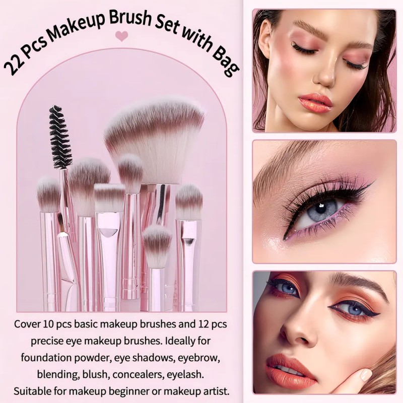 Set 22 Brochas De Maquillaje Profesional Con Cosmetiqueras Color Rosa