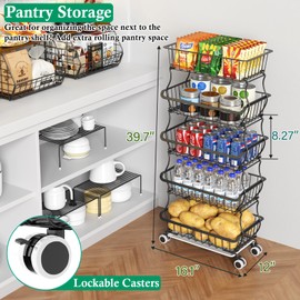 OKZEST 5 Tier Fruit Basket for Kitchen, Stackable Bins Wire Rack with Wheels, Fruit and Vegetable Storage Basket Pantry Food Snack Organizer Shelf, Kitchen Storage Cart for Onion and Potato, Produce
