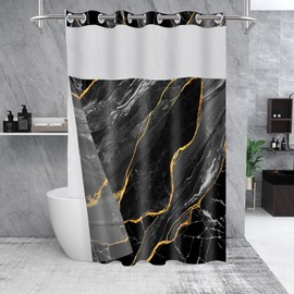 SSCRCUSLY 71x84 Inches, No Hook Black Marble Shower Curtain with Snap in Fabric Liner Set, Luxury Modern Hotel Style, See Through Mesh Top Window