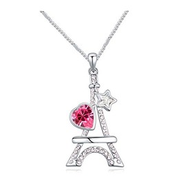 White Gold Plated Eiffel Tower Heart and Star Shaped Cut AAAAA Australia Hot Pink Crystal Pendant Necklace Fashion Jewelry for Women & Teen Girls