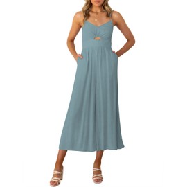 ANRABESS - overol para mujer, verano, playa, día festivo, cuello en V, mangas 2025, tirantes delgados, corte de lino, pierna ancha, Azul, L