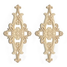 Vilanca 2 Pcs Decorative Wood Flower Carved Appliques Onlays, 5.5 x 10.6 Inch Diamond Unpainted Solid Wooden Carving Decal Applique Trim for Furniture Cabinet Closet Decoration (5.5 x 10.6inch-2pcs)