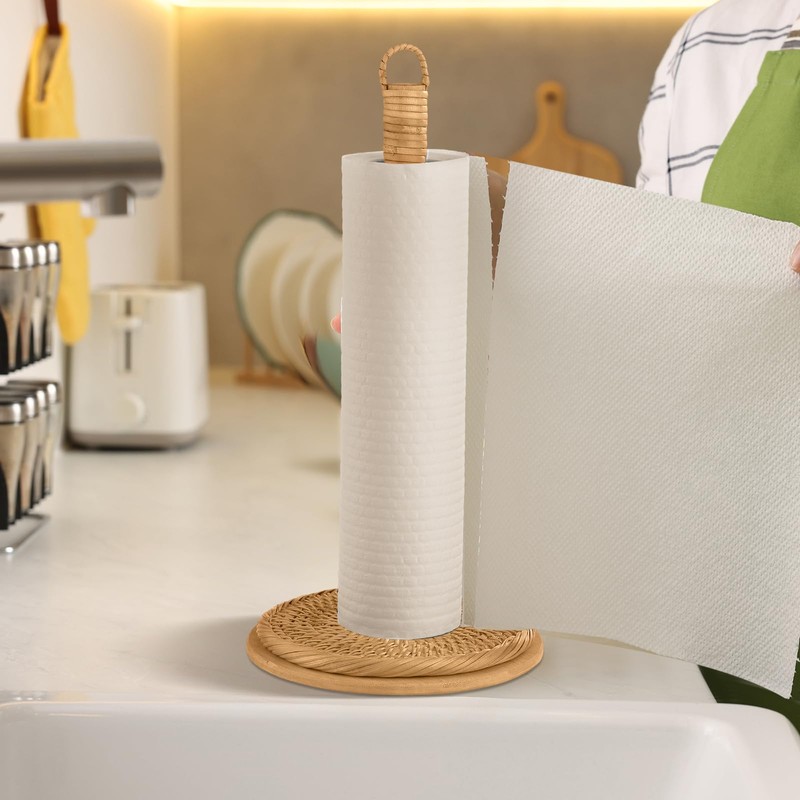 Leinuosen Rattan Paper Towel Holder Woven Wood Paper Towel Stand