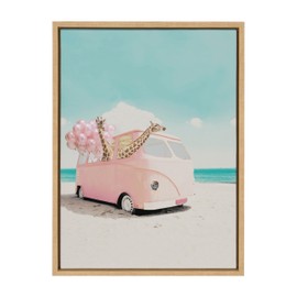 Kate and Laurel Sylvie Pink Van Framed Canvas Wall Art by July Art Prints, 18x24 Natural, Giraffe Beach Wall Art Decor