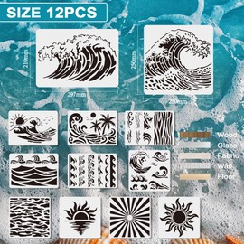 FINGERINSPIRE 12PCS Sunrays Wave Stencils for Painting with Brush 2 Sizes Reusable Sunlight Sunset Sunrise Template Hollowed Sea Wave Coco Trees Stencil Plastic PET Nature Theme Template for Decor