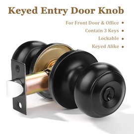 Probrico (6 Pack) Black Round Entry Door Knobs Keyed Alike, Exterior/Interior Door Handles Bedroom Bathroom/Front/Offic Doors, Door Lock with Locks and 3 Combo Keys Lock Security