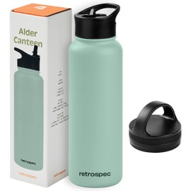 Retrospec Alder Insulated Water Bottle with Straw Lid & Handle Cap - Stainless Steel Wide Mouth Double-Wall Vacuum Insulated Thermos - BPA Free Leakproof Canteen - Pistachio, 40oz