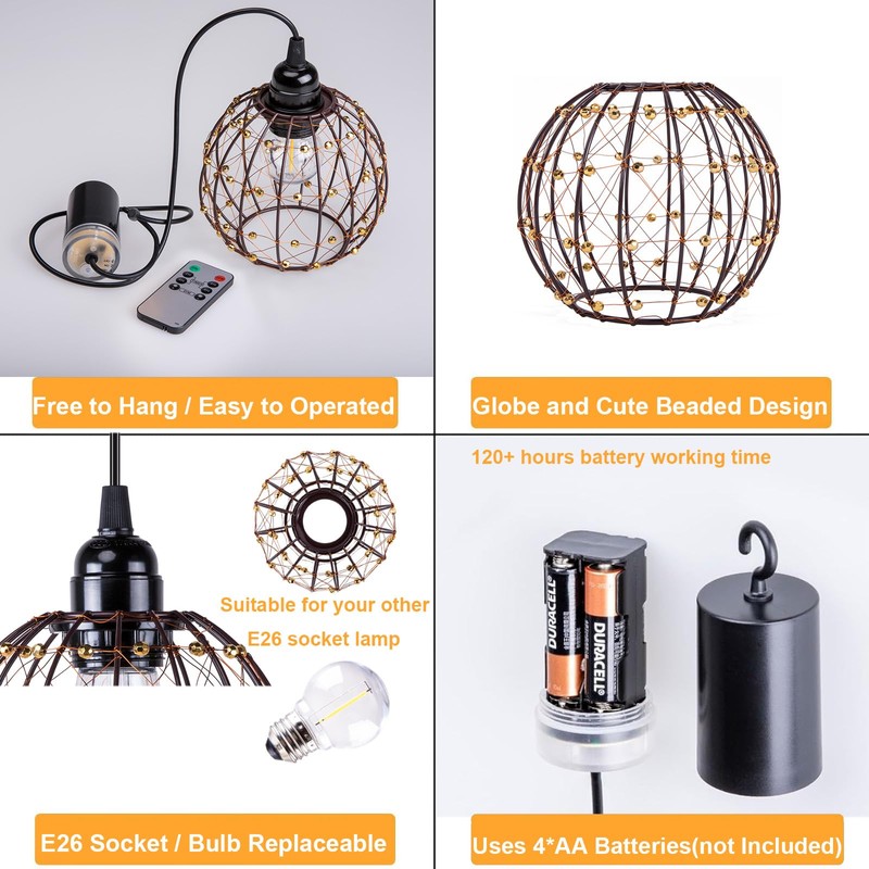 TWINKVILLA Hanging Pendant Lights, Battery Operated Outdoor Chandelier with Warm