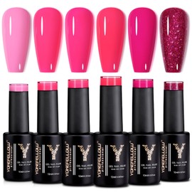 YOKE FELLOW Red Gel Nail Polish Set, 6 Pcs 10ML Christmas New Year Glitter Rose Red Gel Polish Kit Soak Off UV LED Burgundy Pink Red Gel Nail Kits Nail Art Design Gift for Women