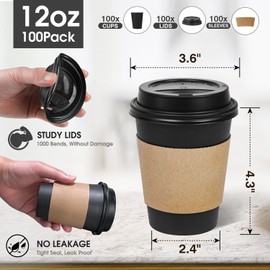 Ginkgo 100 Pack 12 oz Disposable Coffee Cups with Lids and Sleeves, To Go Leak-Proof Black Paper Cups for Picnics, Parties, Travel, Offices and Coffee Bar Supplies