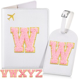 Cosblank 26 Letters A-Z Passport Cover and Luggage Tag Set with Chenille Letter Patch Luggage Accessories for Women Girls New Semester Begin(VWXYZ)