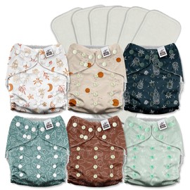 Mama Koala 3.0 Cloth Diapers for Babies with AWJ Lining, 6 Pack with 6 5-Layer Natural Cloth Diaper Inserts - Reusable and Washable Pocket Diapers(A-Seashore)
