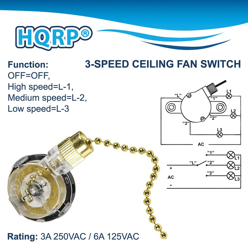 HQRP Ceiling Fan Pull Chain 3-Speed Control Switch compatible with
