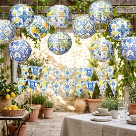 Capri Lemon Paper Lanterns Mediterranean Yellow Blue Tiles Hanging Decor