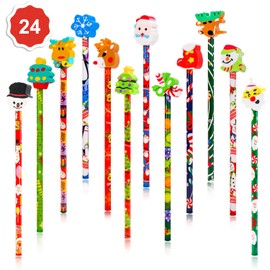 Konsait 2 Dozen (24) Christmas Pencils Assortment With Giant Eraser Topper Decorated With Santa Christmas Tree For Christmas School Party Favor Supplies Accessories Goodie Bag Stocking Filler