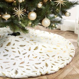 NIBESSER White Christmas Tree Skirt, 48 inches Faux Fur Tree Skirt Sequin Tree Carpet Mat with Gold Feathers Plush Tree Base Cover for Christmas Decorations New Year Party Holiday Xmas Ornaments