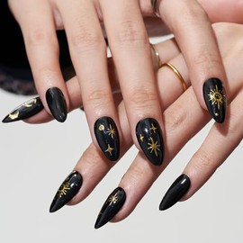 GLAMERMAID Press On Uñas Medium Almendra, Halloween Hecho A Mano Negro Uñas Esmalte Pegamento En Uñas Con Galaxia, 24Pcs Short Stiletto Acrílico Posti