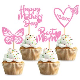 Keaziu Paquete de 36 adornos para cupcakes con diseño de mariposa, mejor mamá, tema de mamá, feliz día de la madre, para mujer, fiesta de cumpleaños, decoración de pasteles, color rosa