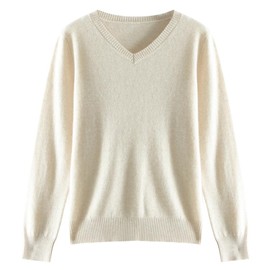 SHABADUER Women's Cashmere and Merino Wool Blend Logn Sleeve Lightweight Warm V Neck Sweater Beige Apricot