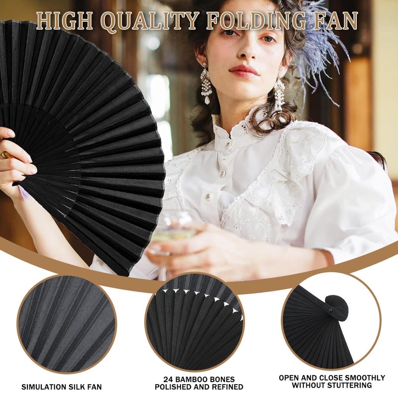JOOTUEPO Black Folding Hand Fan, 2 Pack Black Silk Fabric
