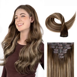 SOBEAUTY Clip in Hair Extensions, 100% Real Human Hair Remy Natural Volume Hair Extensions, Full Head Invisible PU-Tape Weft Seamless Hair Extension 110g 7 Pcs (Mix Brown T4B/26/4B 14 inch)