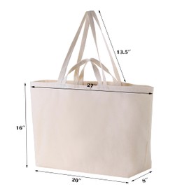Firecolor Chic Large Sturdy Canvas Tote Bag -27" X 16" X 8" Extra Big Largest Grocery Shopping Beach Reusable Totes Bags, Beige, Extra Large