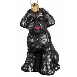 Joy To The World Sitting Black Schnoodle Dog Polish Glass Christmas Tree Ornament Decoration New