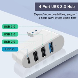 VIENON 4-Port USB 3.0 Hub [90°/180° Degree Rotatable], USB Splitter with 3 USB Ports & 1 USB C Power/Data Port, USB Extender for Laptop, Car, iMac, MacBook Air, MacBook Pro-White