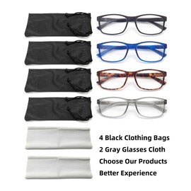 FoxMook 4 Pack Stylish Blue Light Blocking Reading Glasses, Spring Hinge Readers - Ease Computer and Digital Eye Strain, Matte C5_Black C6_ Blue C7_Tortoise C8_ Gray 1.5 x