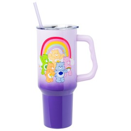 Silver Buffalo Care Bears Rainbow Featuring Funshine, Cheer, Grumpy, Friend, and Good Luck Bear Stainless Steel Tumbler with Handle and Straw, Fits in Standard Cup Holder, 40 Ounces