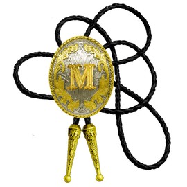 Moranse Golden Western Bolo Tie Initial Letter A to Z in Round Flower Nursery Cowboy with Cowhide Rope Necktie Necklace(M)