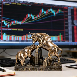 Vintage Bull and Bear Statue, Bull vs Bear Figurine, Stock Market Statue on City Skyline Base, Wall Street Decor Finance Office Decor, Desk Ornament, Investor Trader Gift for Home Office (Bronze)