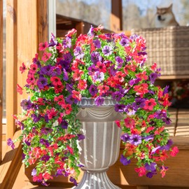 HyeFlora Artificial Flowers for Outdoors Decoration, 2Pcs Fake Hanging Spring Decor, Purple and Hotpink Realistic Plants, UV & Fading Resistant Silk Flower for Porch Patio Balcony Planter Yard