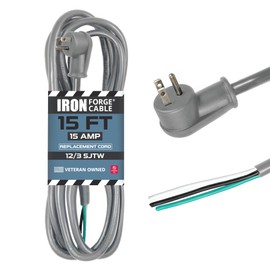 Iron Forge Cable Flat Plug 12 Gauge Power Cord Replacement - 15ft,15 Amp Gray Heavy Duty, 12/3 SJT 3 Prong Cable for Appliances & Power Tools
