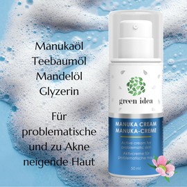 green idea - Manuka Akne Creme - Anti Pickel Creme - Gesichtscreme mit Teebaumöl, Manuka - effiziente Pflege für zu Akne neigende Haut 50 ml