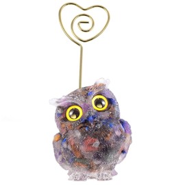 Sportmusies Resin Crystal Owl Table Card Holder, Gold Heart-Shaped Clip Picture Number Memo Stand for Wedding Birthday Party, Assorted Stones