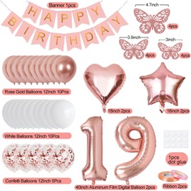 19th Birthday Decorations for Girls, Rose Gold 40 Inch Number 19 Foil Birthday Balloons with Happy Birthday Banner and Butterfly Stickers