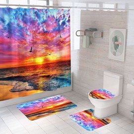 DDS-DUDES Beach Shower Curtain Bathroom Sets with Shower Curtain and Rugs Sunset Seagull Ocean Sunrise Sand Summer Holiday Seashore Waterproof Polyester Decor with Hooks 71x71 inch