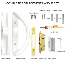 ALLYWASAI Patio Sliding Door Handle Set with Mortise Lock, Key Cylinder and Keeper, Replacement Handle Lock Set Fits Door Thickness from 1-1/2" to 1-3/4", 3-15/16" Screw Hole Spacing, Keyed, White