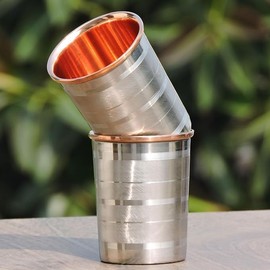 ANCIENTIMPEX Set of 2 Outer Stainless Steel and Inner Pure Copper Tumbler for Ayurveda Health Benefits - 250 Ml (8.45 US Fluid Ounce) Capacity