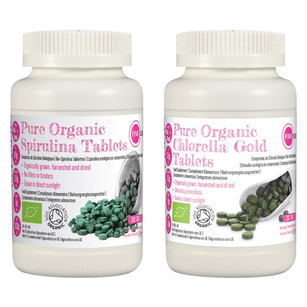 PINK SUN Organic Chlorella and Spirulina Tablets (500mg x 300 Tabs One of Each Product) Broken Cell Wall Cracked Pyrenoidosa Gluten Free Non GMO Vegetarian Vegan Certified