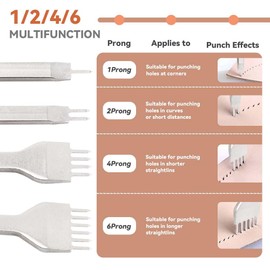 Yakamoz Diamond Leather Stitching Punch Set - 4Pcs White Steel Leather Hole Punch Tool 4mm 1/2/4/6 Prong Stitching Chisels Pricking Iron Hole Puncher for Leather Craft Hand Sewing