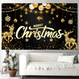 Large Merry Christmas Banner Gold Snowflake Deer Backdrop Christmas Wall Scene Christmas Holidays Party Decor Supplies Gifts 70 x 43 Inch