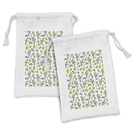 Ambesonne Cartoon Fabric Pouch Set of 2, Summer Themed Glass of Mojito Hand Drawn Ice Cubes Limon Slices and Leaves, Small Drawstring Bag for Toiletries Masks and Favors, 9" x 6", Multicolor